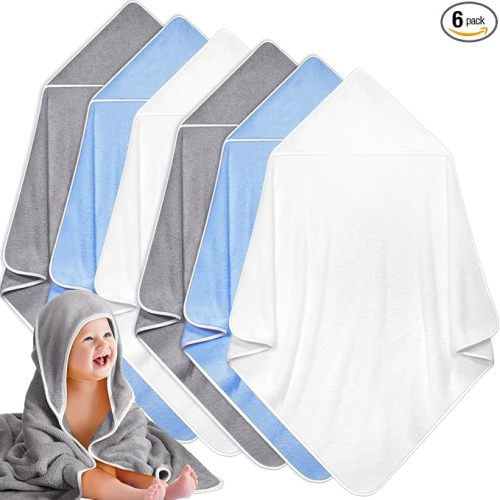 Chumia 6 Pack Baby Bath Towel Coral Fleece Soft Absorbent Newborn Hooded Towel for Kid 30 x 30 Inch Toddler Bath Blanket for Babies Infant Shower Gift(Gray/Beige/Blue)