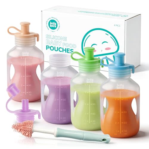 Silicone Reusable Baby Food Pouches with Straws, 4 Pack Leakproof Refillable Squeeze Pouches, Dishwasher, Freezer, Microwave Safe, 5OZ Baby Food Storage for Homemade Puree, Yogurt
