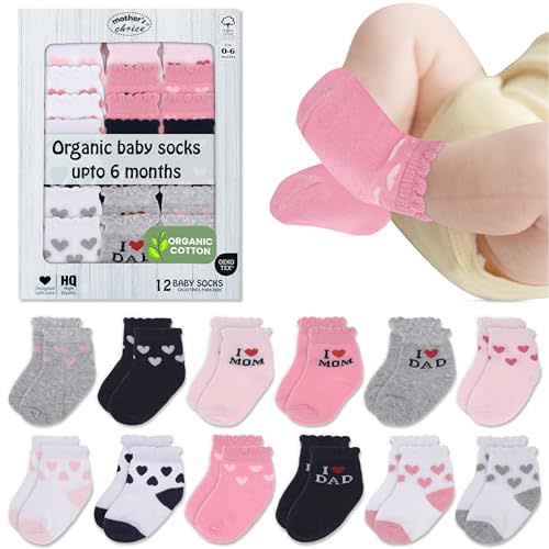 Mother's Choice Organic Cotton Baby Socks 0-6 Months - 12 pairs Soft Infant Socks, Gentle Ankle High Sock for Girls, Cozy Newborn Pink Socks and New Mom Gift, Perfect for Daily Comfort