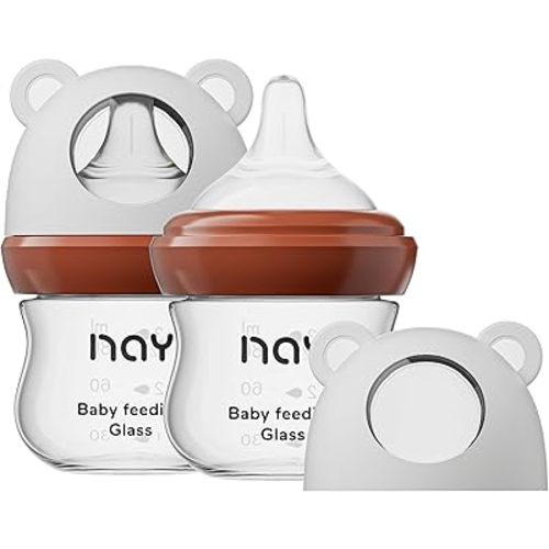 Natural Glass Baby Bottle for Breastfeeding Babies, 3oz Newborn Anti-Colic Baby Bottle with Slow Flow Nipples (SS), Clear, Wide Neck, 2 Pack, 0 Months+