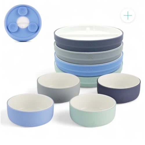 Kids Porcelain Mealtime Bundle | Suction Sleeves | 6.7" Plates + Bowls | 8 Pcs | Sage/Misty Blue/Navy/Gray