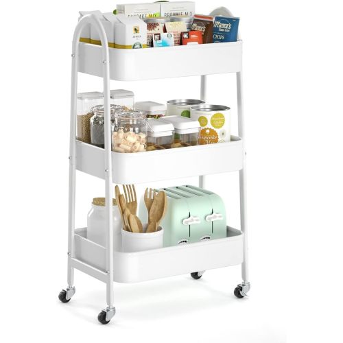 3 Tier Utility Rolling Cart, Metal Storage Cart with Handle and Lockable Wheels, Multifunctional Storage Organizer Trolley with Mesh Baskets for Kitchen, Living Room, Office, Garage (White)