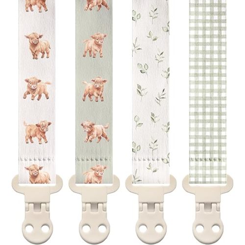 Stadela Baby Fabric Pacifier Clip Holder, Plastic Clip, 4‑Pack, Farm Pattern, Rowan Set
