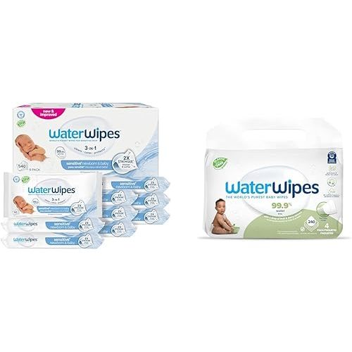 WaterWipes Bundle, Original 540 Count (9 packs) & Textured Clean Wipes 240 Count (4 packs), Plastic-Free, 99.9% Water Based Wipes, Unscented, Hypoallergenic for Sensitive Skin, Packaging May Vary
