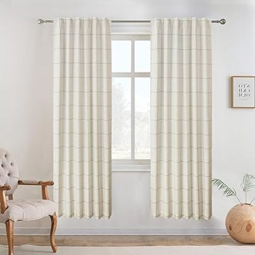 DriftAway 100% Blackout Plaid Linen Curtains 72 Inches Long 2 Panels Taupe