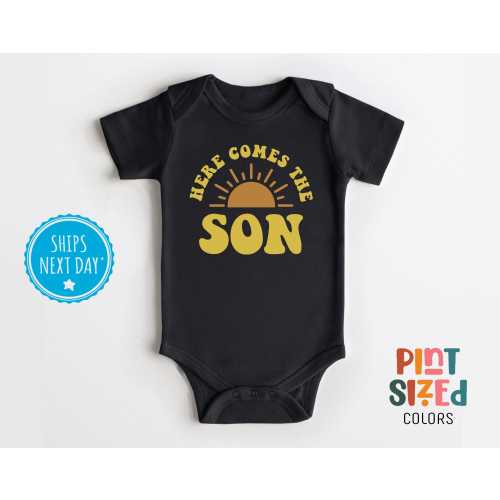 Here Comes The Sun Baby Onesie® - Baby Boy Announcement Bodysuit - Retro Summer Onesie® - Black