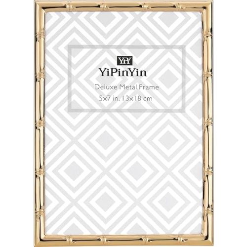 5x7''Bamboo Detail Gold Metal Picture Frame,Elegant Gold Plated wedding Photo Frames 5x7''With Soft Touch Velvet Backing for Desktop and Wall Décor