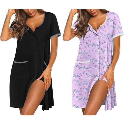 Ekouaer Nightgowns for Women 2 Pack Button Down Sleep Shirts Short Sleeve Nightshirt Sleepwear House Dress with Pockets