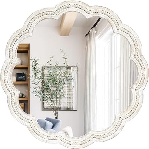 24 Inch Round Wall Mirror, Whitewashed Wooden Frame with Scalloped Edge & Beaded Trim, Decorative Farmhouse Boho Mirror for Bedroom, Bathroom, Living Room, Entryway