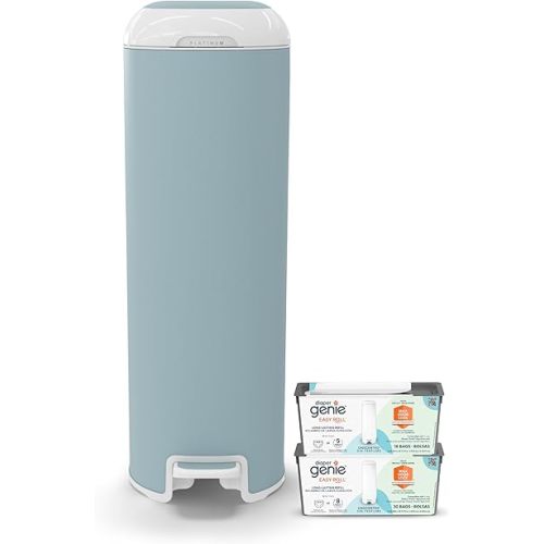 Diaper Genie Platinum Pail (Glacial Blue) + Easy Roll Refill (30 Bags) Bundle
