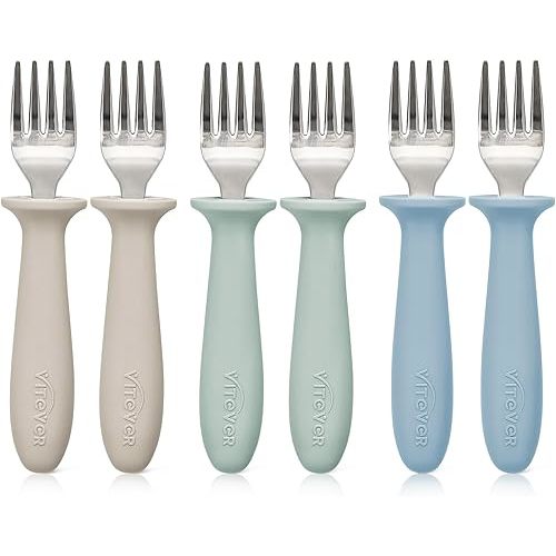 6 Pieces Toddler Forks, 18/8 Stainless Steel Kids Safe Utensils Set BPA Free, Children's Silverware Set with Silicone Round Handle for Self Feeding, Dishwasher Safe