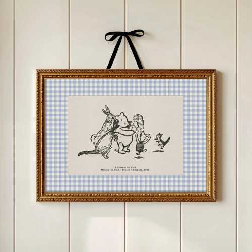 Blue Gingham Winnie the Pooh Friends Print | E H Shepard Nursery Art | Classic Storybook Wall Art | Baby Boy Room Decor