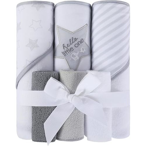 Softan Baby Hooded Towels and Washcloths Set 6 Pack, 28x28 Ultra Soft & Absorbent Baby Bath Towels for Newborn Infant Toddler, Unisex Boys Girls (Grey Star)