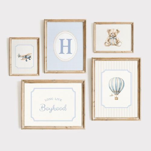 Boy Nursery Wall Art Set, Blue Gingham Boy Initial Wall Art, Vintage Hot Air Balloon Print, Long Live Boyhood Wall Art, Boys Room Decor