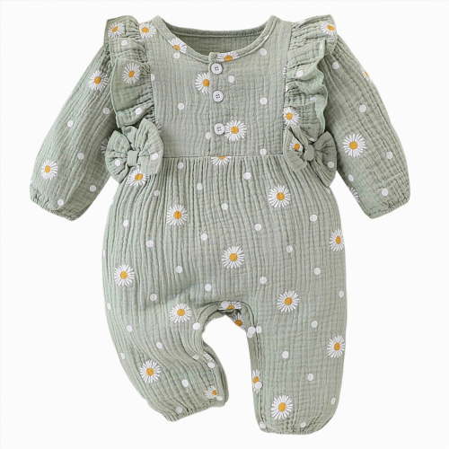 CAICJ98 Baby Girl Fall Winter Clothes Cotton Linen Floral Bubble Romper Long Leg Bodysuit Frill Trim Ruffle One-Piece Jumpsuit (Light Green,0-3 Months)