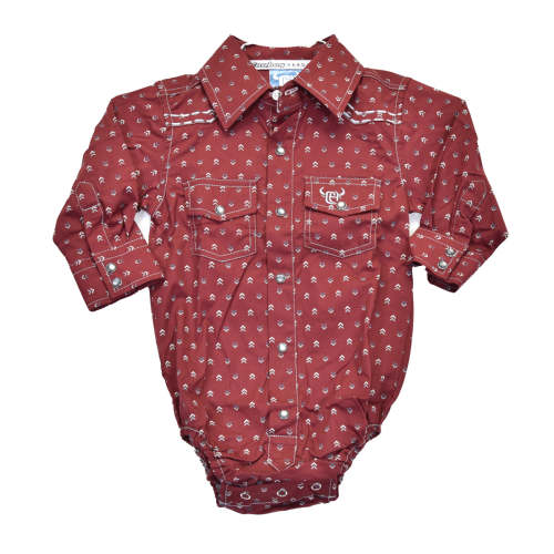Infant Boy's CH Burgundy "Muted Chevron" Long Sleeve Romper Western Sh