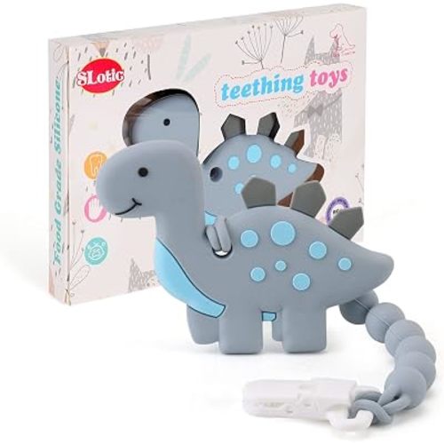 Baby Teething Toys for Babies 3-6 6-12 Months, Dinosaur Teether Pain Relief Toy with One Piece Design Pacifier Clip Holder Set, Freezer Safe Neutral Shower Gift for Boys and Girls (Grey)