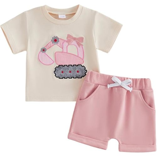 FOCUSNORM Toddler Baby Girl Summer Clothes Excavator Embroidery Short Sleeve T-Shirt Tops Shorts Set Cute Infant 2pcs Outfits