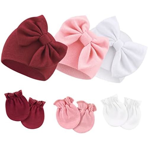 DRESHOW BQUBO Newborn Baby Hospital Hats Beanie Bow Infant Caps Baby Cotton No Scratch Mittens Set for 0-6 Months