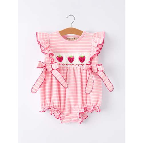 Strawberry Embroidery Pink Stripe Girl Smocked Romper – Rylee Faith Designs