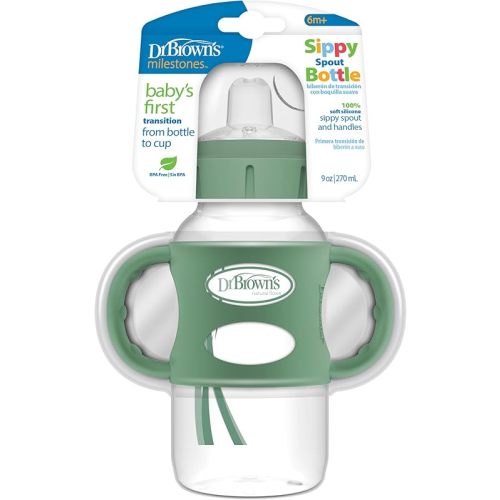 Dr. Brown's Milestones Wide-Neck Sippy Spout Bottle with 100% Silicone Handles, Easy-Grip Handles with Soft Sippy Spout, 9oz/270mL, Green, 1-Pack, 6m+