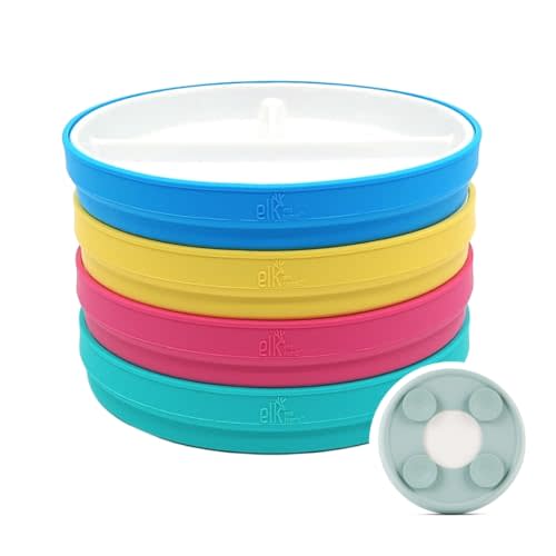 Elk and Friends Kids 7.8” Porcelain White Divided Plates with Silicone Suction Sleeves | Suitable for Babies/Toddlers | Microwave & Dishwasher Safe | Stay Put Dinnerware | Snack Dishes | 4 Pack