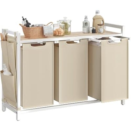 VASAGLE Laundry Hamper with Shelf, 3 Pull-Out Bags, 3 x 10.6 Gallons (40 L)
