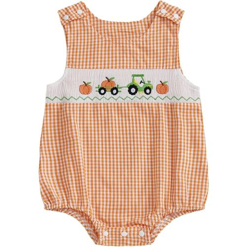 Baby Boy Halloween Outfit Pumpkin Truck/Tractor Embroidered Smocked Bubble Romper Sleeveless Plaid Bodysuit