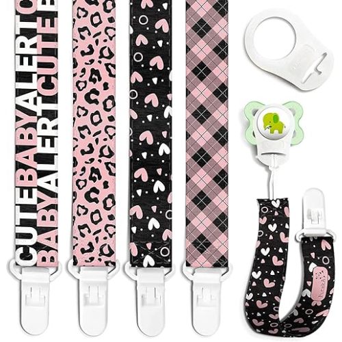 Pacifier Clip - 4 Pack Set of Unique Modern Design Binky Clip Fits All Pacifiers, Soothers. Unisex for Boys and Girls for Baby Shower - Pink