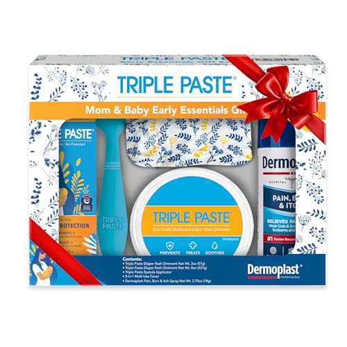 Triple Paste Mom & Baby Gift Set, New Baby Essentials Kit, 5-Piece—Diaper Rash Ointment 8oz Jar & 2oz Tube, Spatula Applicator, Dermoplast Spray, Multi-Use Cover, Mom Postpartum Essentials