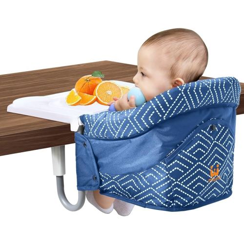 MTWML Hook On High Chair with Tray,Portable Baby High Chair That Attaches to Table,Clip On Fast Table Seat for Babies and Toddlers.Baby Feeding Seat for Dining Tables and Counter(Stripe-Blue)