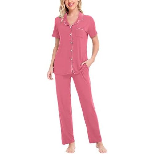 SWOMOG Women Pajama Sets Two-Piece Nightwear Short Sleeve Sleepwear Button Down Pj Lounge Sets with Long Pants