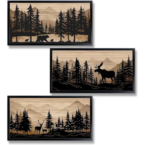 WELMECO Cabin Decor Bear Moose Deer Wall Art Rustic Home Decor Woodland Farmhouse Living Room Bedroom Bathroom Decor Forest Animal Picture, Black Framed 8x16inchx3 Pieces,Brown