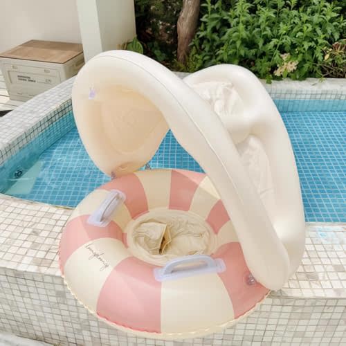 Baby Swimming Ring Inflatables with Detachable Canopy Sun Protection, Stripy Cartoon Float Seat with Handles for Boys Girls 40 lbs