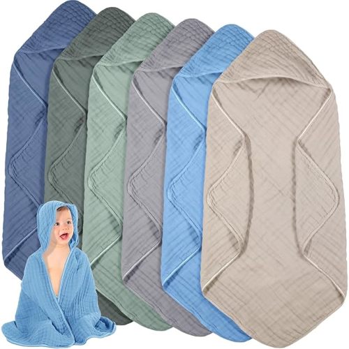 Peryiter 6 Pcs Muslin Hooded Baby Towels, 32"x 32" Cotton Newborn Bath Towel Muslin Infant Baby Blankets Absorbent Unisex Newborn Registry Gift Essentials for Girls Boys (Green Series)