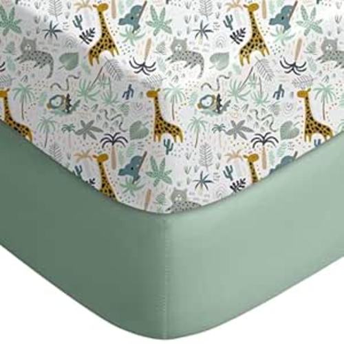 Yoofoss Pack and Play Sheets Fitted, Mini Crib Sheets 2-Pack for Pack N Play Mattress, Stretchy Playard Sheet, Soft and Breathable Green+Giraff