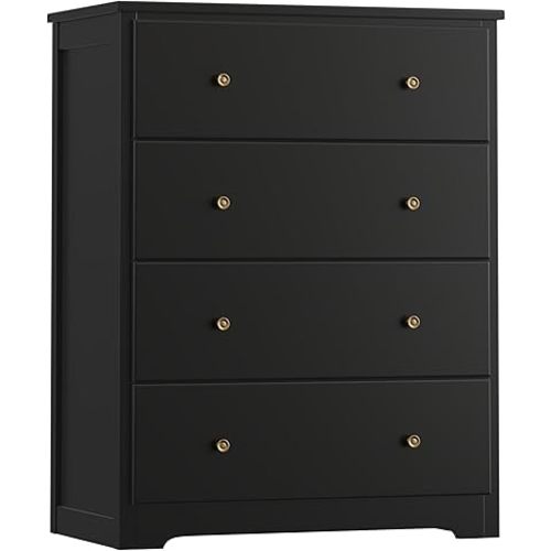 HOUSUIT Dresser, 4 Drawer Dressers Chests of Drawers, Modern Tall Dresser, Wood Drawer Chest Storage Cabinet for Living Room, Hallway, Entryway, Home Office, Black