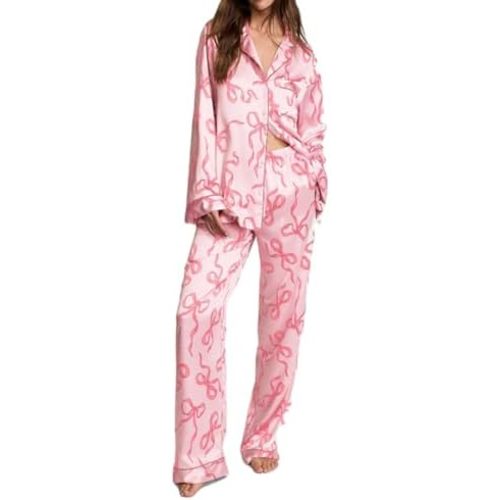 Women Bow Pajamas Satin Pajama Set Floral Silk 2 Piece Lounge Sets Button Down Shirts Wide Leg Pants Cute Pjs