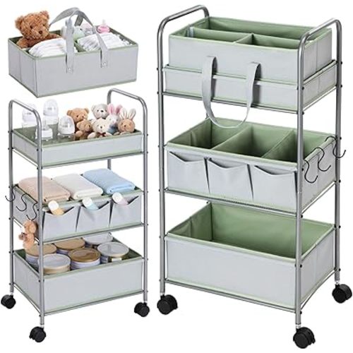 FoldTier 2in1 Colorful Baby Diaper Caddy Organizer Cart 3 Tier Large Capacity Metal Utility Bedside Rolling Cart with Divider for Newborn Nursery Essential Must Have Crib Bedroom Baby Shower(Green)
