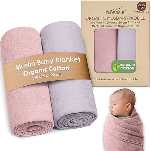 Organic Cotton Muslin Baby Blanket - 47x47 Inch Breathable Swaddle, Hypoallergenic Double-Layer, Versatile Use (Light Pink/Light Purple, 47x47 Inch)