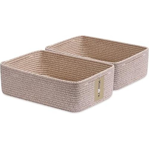 Large Shallow Organizing Baskets 15x11x5.1 Inches - Rope Woven Storage Bins for Bathroom, Shelves, Cube Closet, Mixed Brown 2 Packs