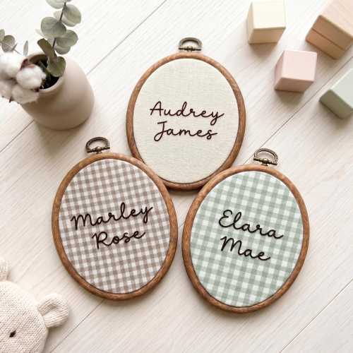 Personalized Gingham Name Embroidery Hoop, Custom Nursery Sign, Milestone  Birth Announcement Decor