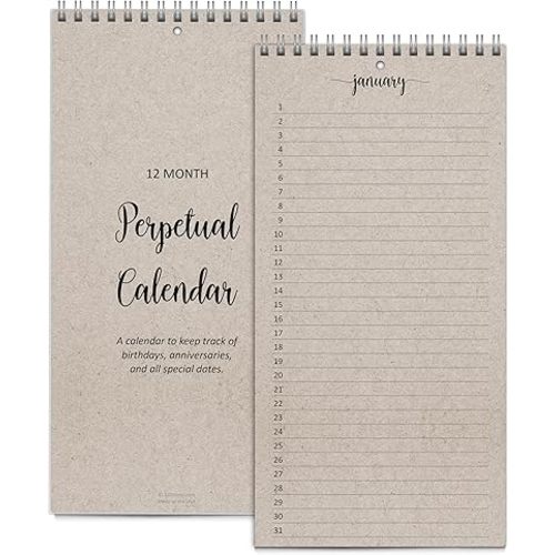 321Done Perpetual Calendar, Made in USA - 12-Month Wall Hanging Organizer, Simple Script Spiral-Bound Notepad for Important Dates, Anniversaries, Birthdays, Special Days Reminder - 5x10, Tan