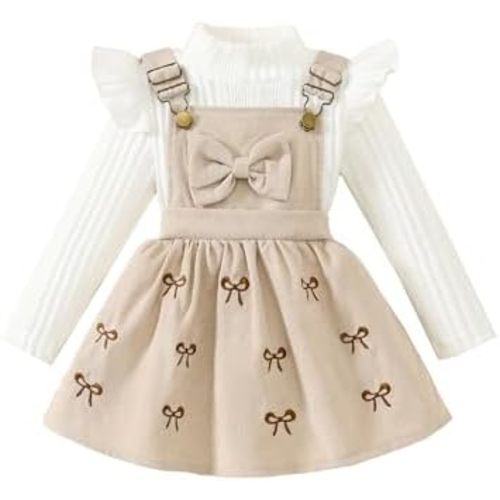 Toddler Baby Girl Outfits Long Sleeve Ribbed T-Shirt Bow Overall Dresses Suspender Skirt Set Fall Winter Clothes
