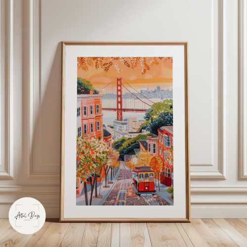 San Francisco Wall Art, Golden Gate Bridge Cable Car Illustration, Whimsical Gouache Travel Poster, City Lovers Decor, California Wall Art