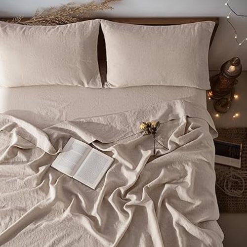 LBRO2M 100% Linen Sheet Set 19" Deep Pocket Full Size,Bed Sheets 4 Piece Sets,Solid Color Natural Flax Bed Sheets Soft Breathable Bedding, All Season (Full, Linen)