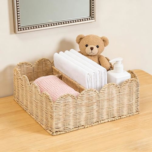 Rattan Divided Scalloped Basket,Wicker Diaper Caddy Scalloped Baske,Woven Natural Basket with 4 Dividers,Suitable for Baby Rooms, Bathrooms, Bedrooms (Rattan)