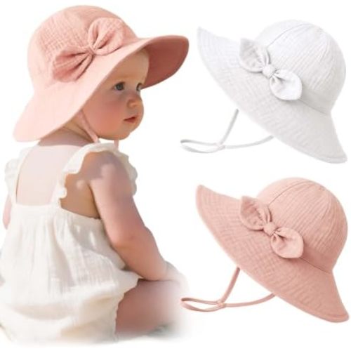 Konssy 2-Pack Muslin Baby Sun Hats for Girls with Bows, UPF 50+