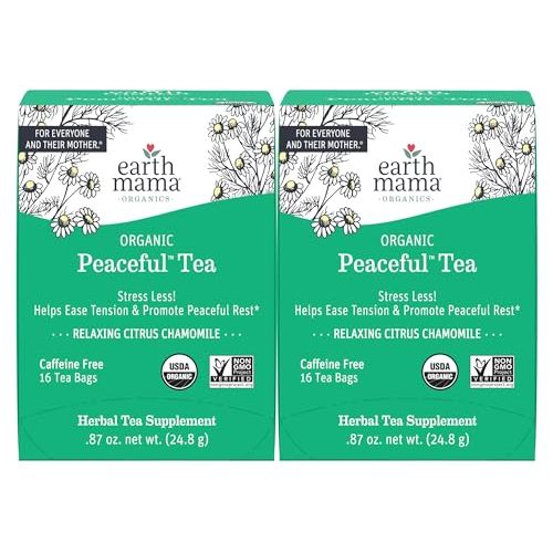 Earth Mama Organic Peaceful™ Tea | Stress Less! Calming, Relaxing Herbal Blend Safe for Pregnancy & Beyond, 16 Teabags Per Box (2-Pack)