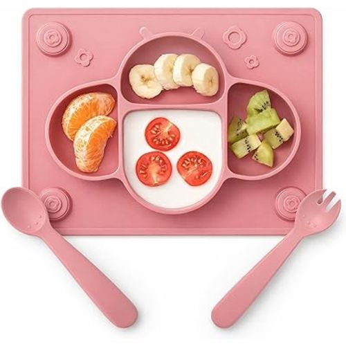 ROCCED Suction Plates for Baby Placemat Spoon Fork Set for Toddlers, Silicone Baby Plates with Suction Baby Dishes for Kids Plates-pale mauve